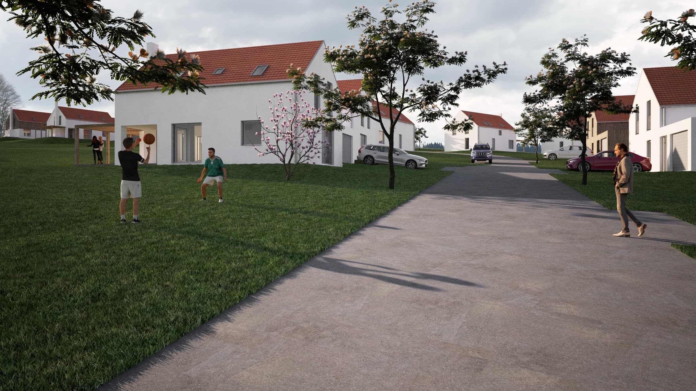 A street of the new neighbourhood with countryside views