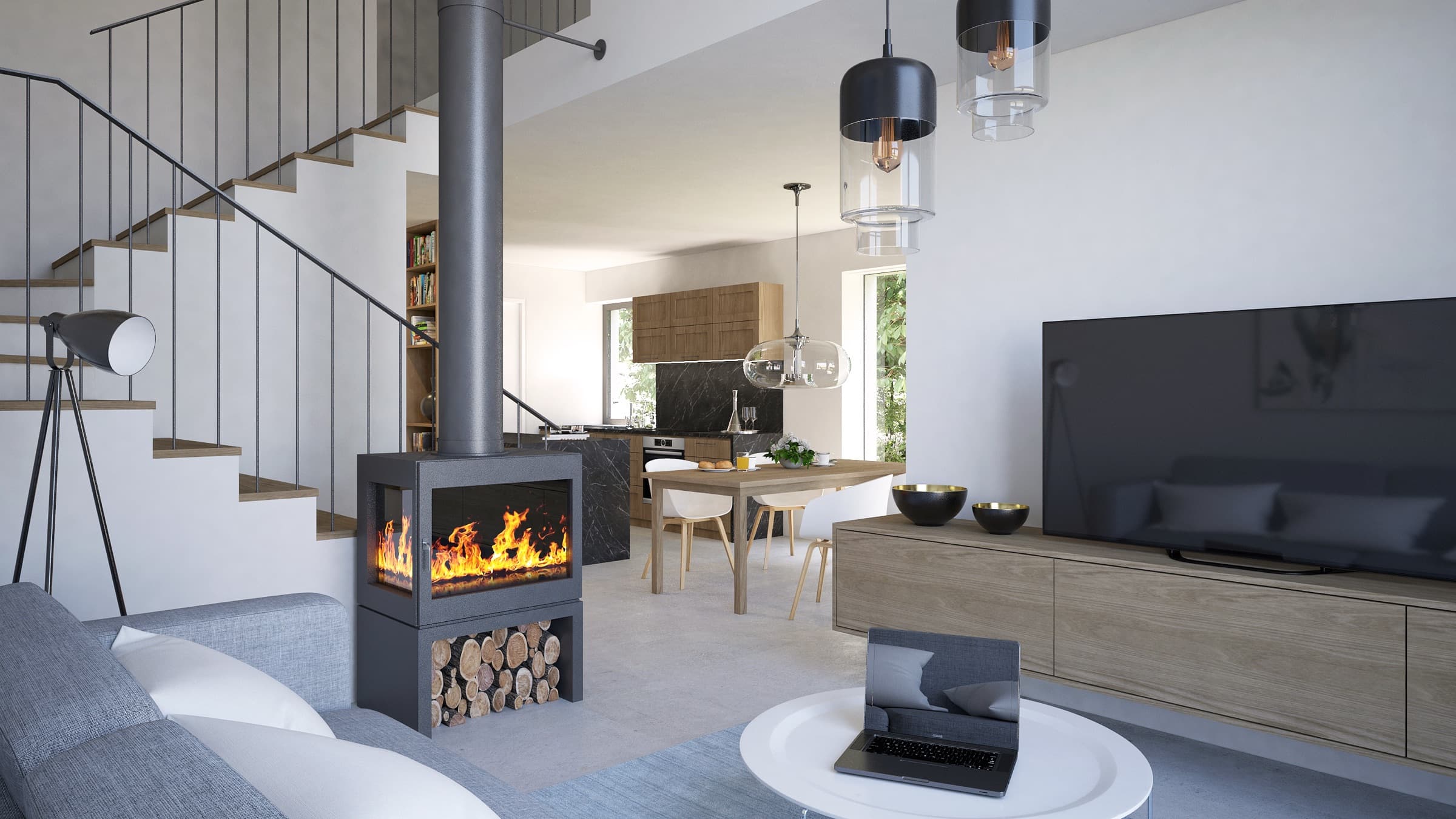 Living space with a fireplace