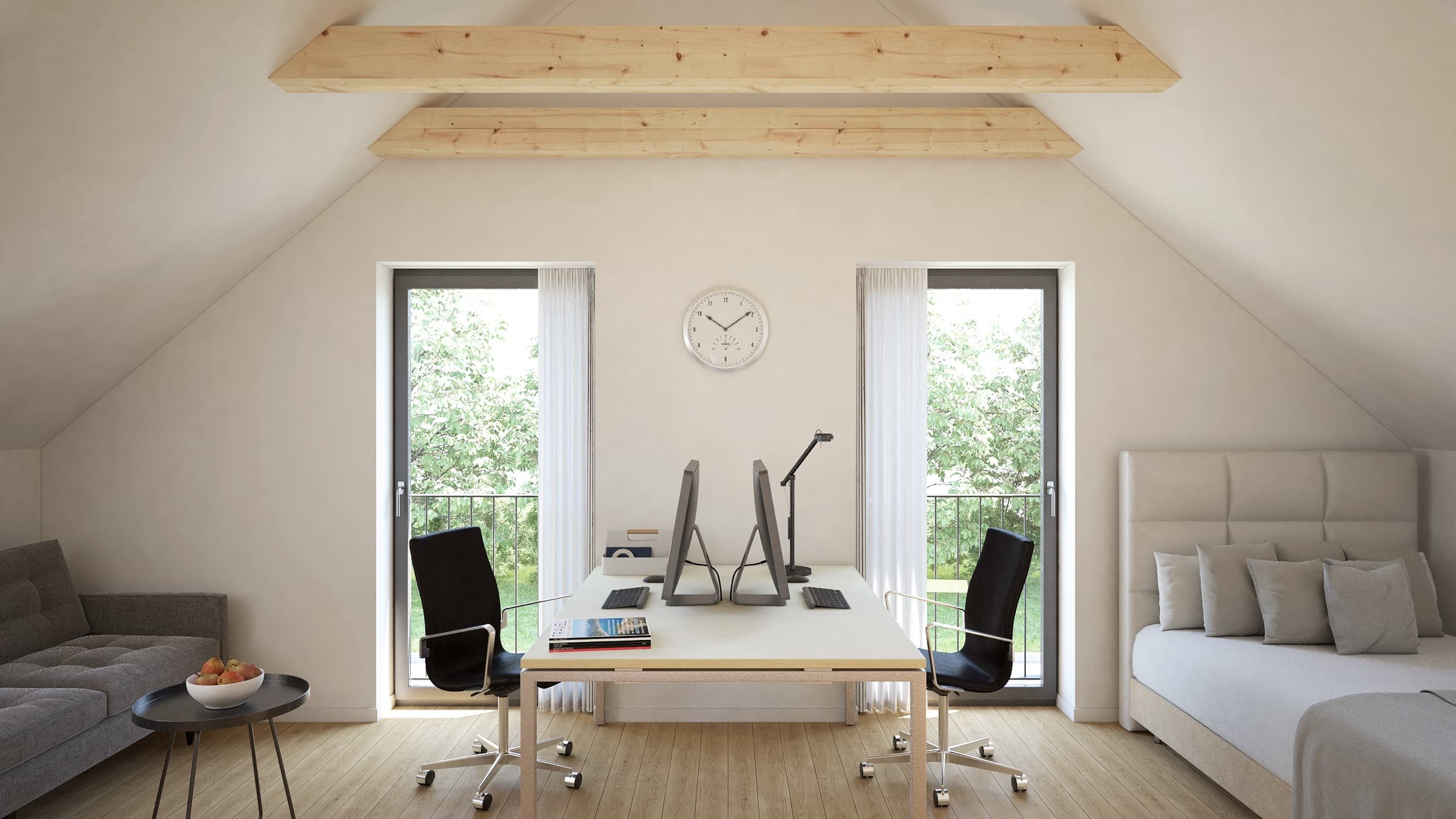 An attic with views of greenery